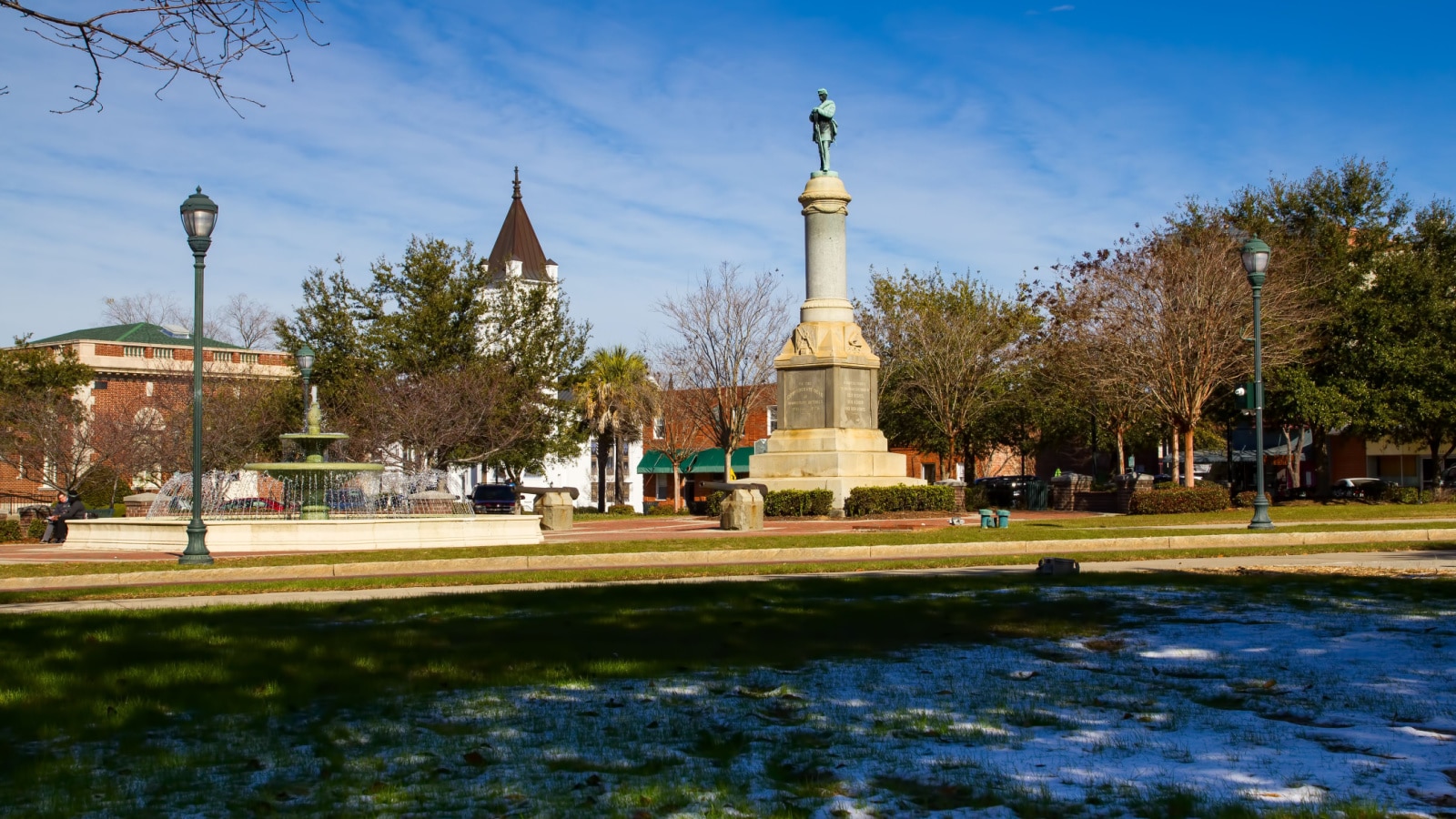 Orangeburg Confederate Memorial (in Orangeburg, South Carolina) on a rare winter day with a fresh dusting of snow. The monument was erected by Women of Orangeburg in 1893.