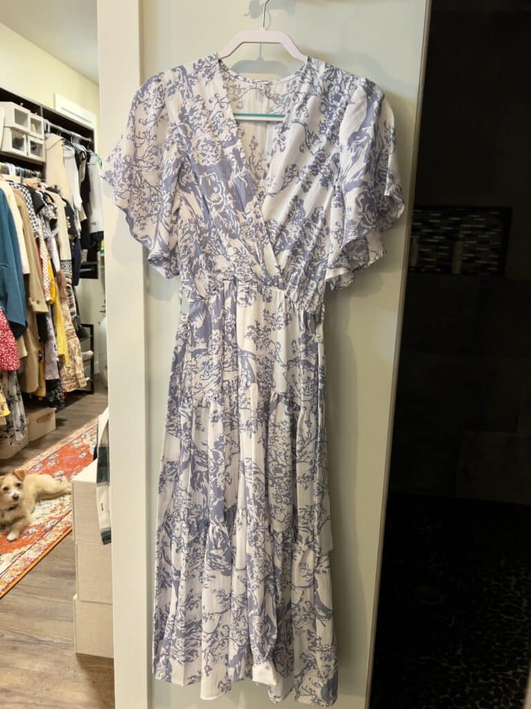 Branch printed flutter sleeve faux-wrap dress from Chicwish.