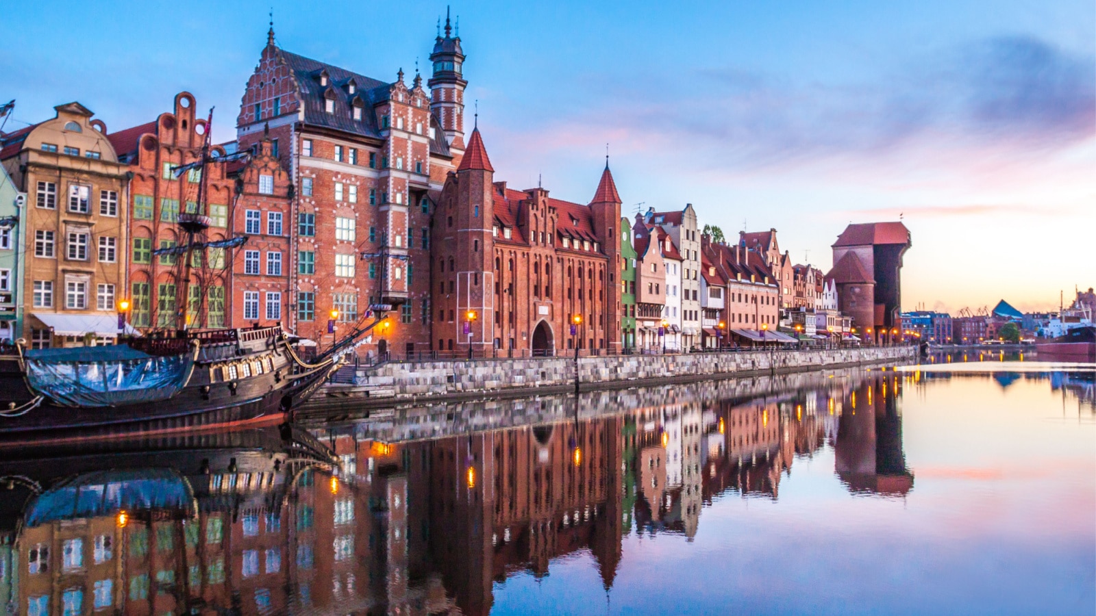 Gdansk old town and famous crane at amazing sunrise. Gdansk. Poland