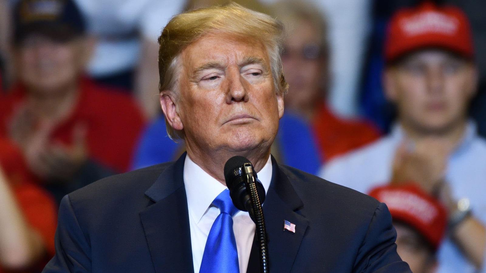 WILKES-BARRE, PA - AUGUST 2, 2018: President Donald Trump with a serious look as he delivers a speech at a campaign rally held at the Mohegan Sun Arena.