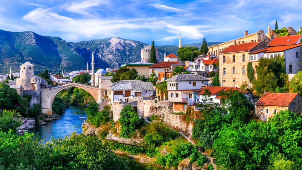 Amazing iconic old town Mostar with famous bridge in Bosnia and Herzegovina, popular tourist destination