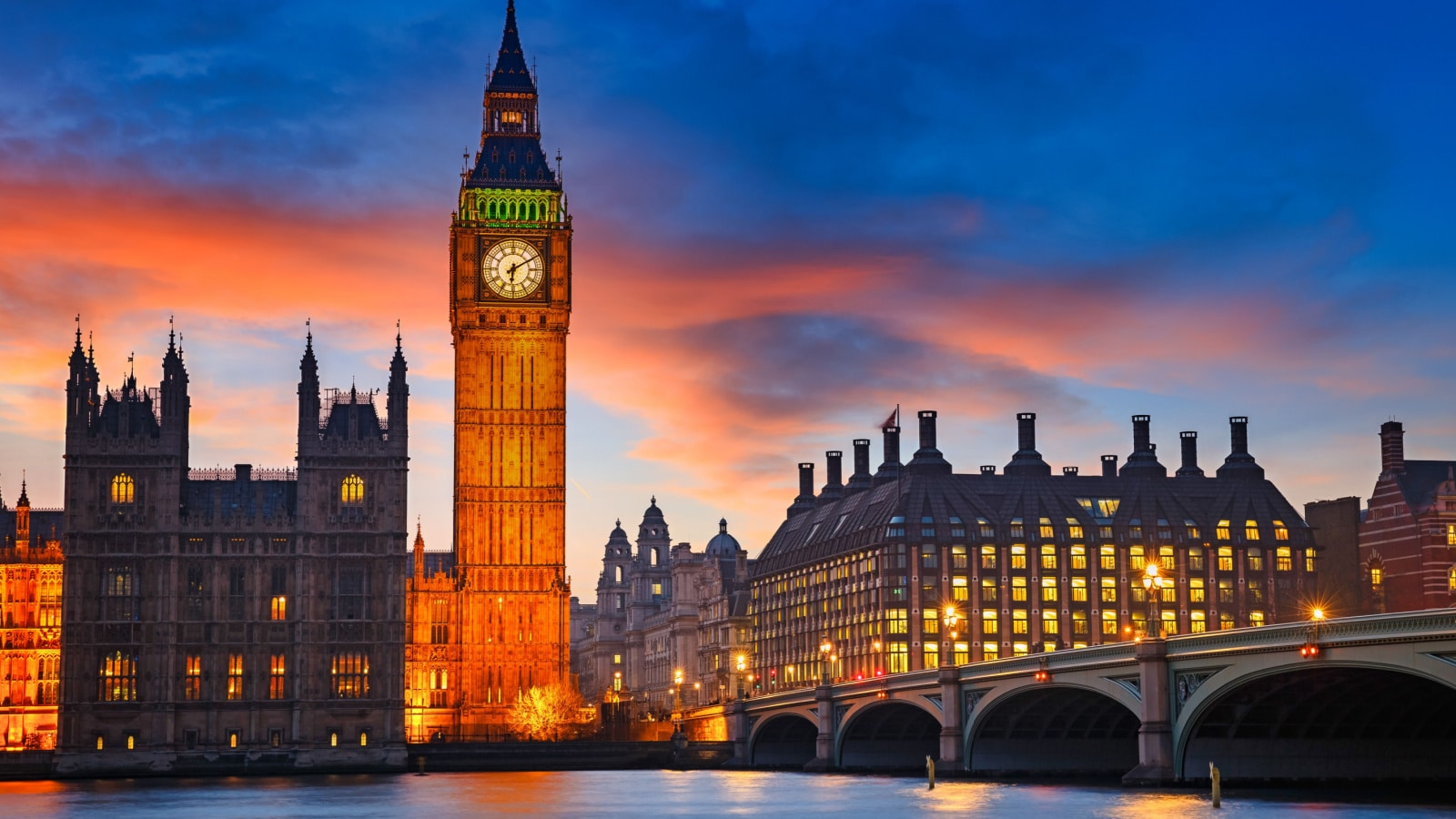 Big Ben and westminster bridge at dusk in London