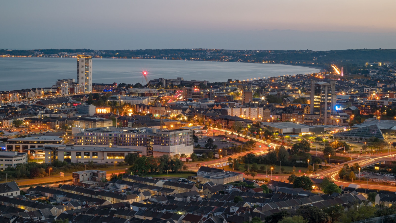 Swansea city skyline at sunset