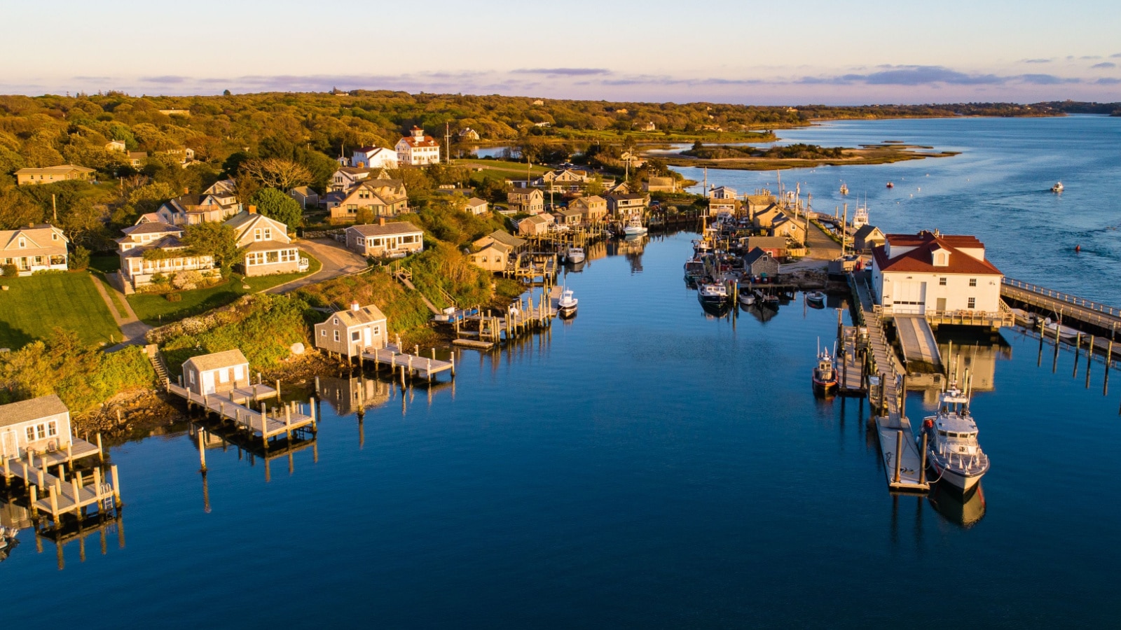 Drone photograph of Menemsha Harbor, Martha's Vineyard, showing Coast Guard Station Menemsha.