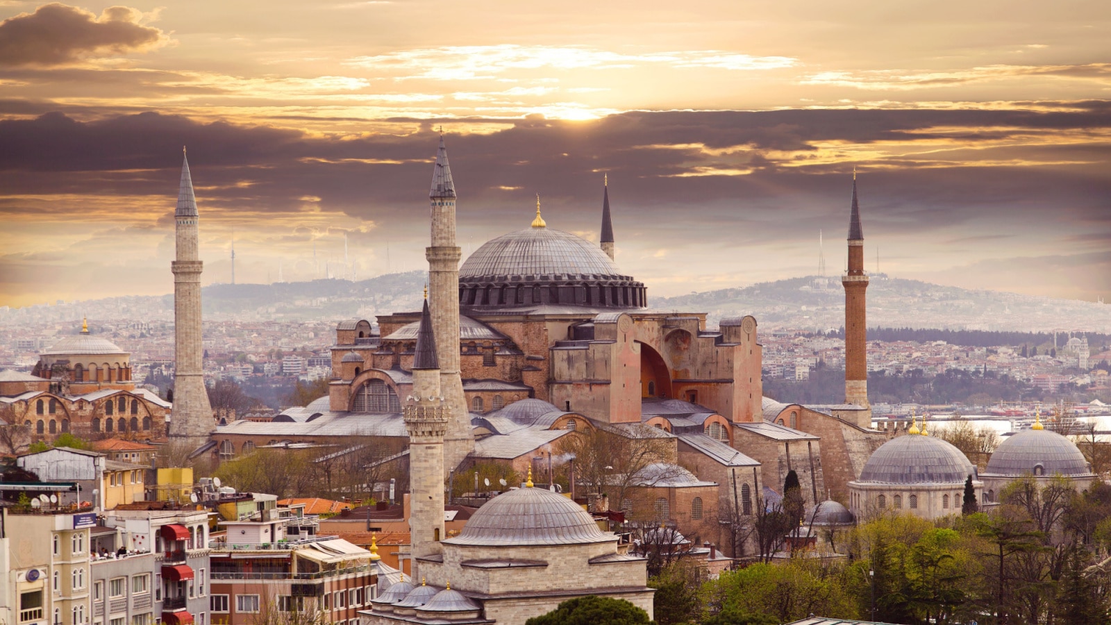 Hagia Sophia in Istanbul. The world famous monument of Byzantine architecture. View of the St. Sophia Cathedral at sunset.