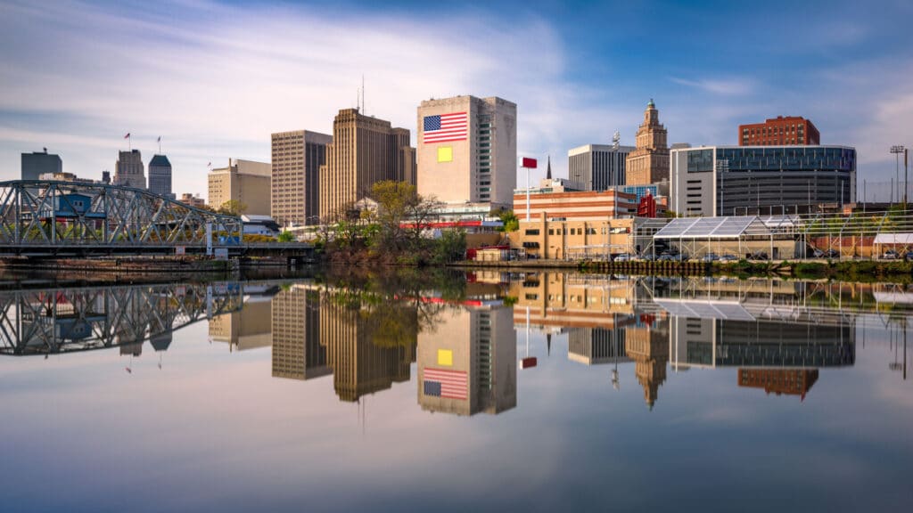 Newark, New Jersey, USA skyline on the Passaic River.