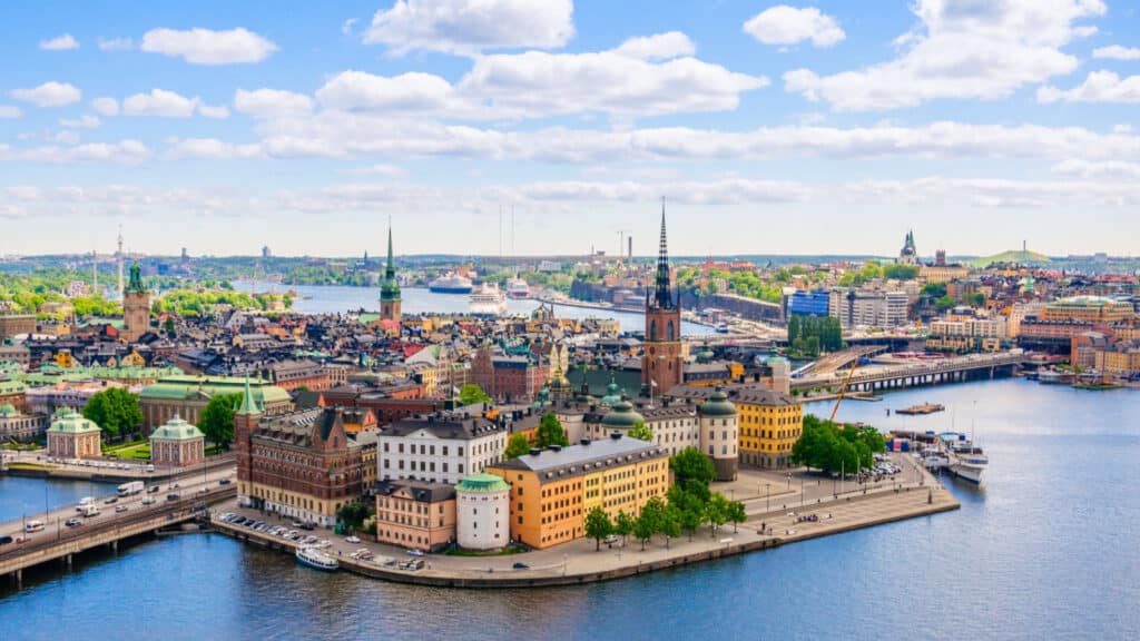 Wonderful aerial panorama from height of bird's flight on observation deck on tower City Hall to Gamla Stan (Old Town), Stockholm, Sweden