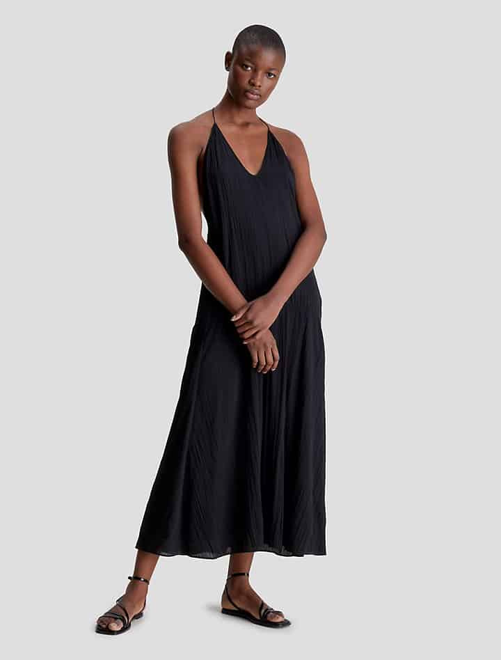 Pleated Texture Midi Slip Dress