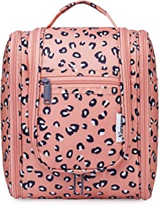 Narwey Hanging Travel Toiletry Bag Cosmetic Make up Organizer for Women and Men (Medium, Orange Leopard)