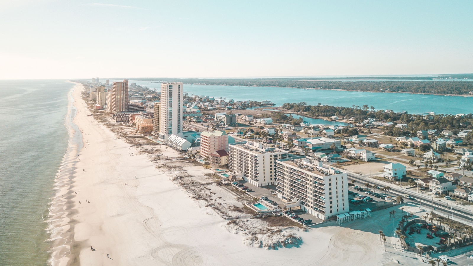 Aerial of Gulf Shores Navarre beach with Beautiful blue water