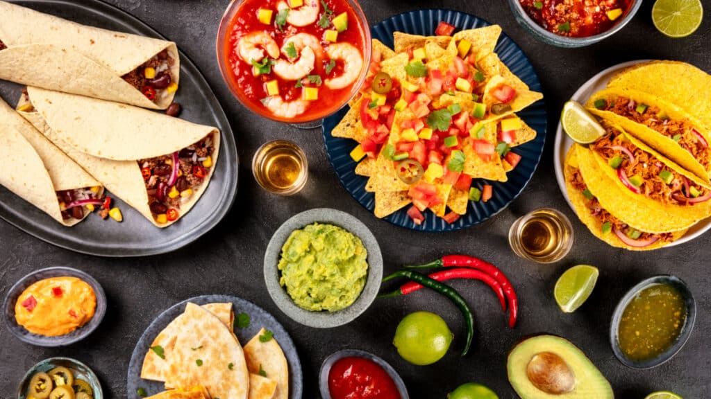 Mexican food, many dishes of the cuisine of Mexico, flat lay, shot from above on a black background. Nachos, tequila, guacamole etc