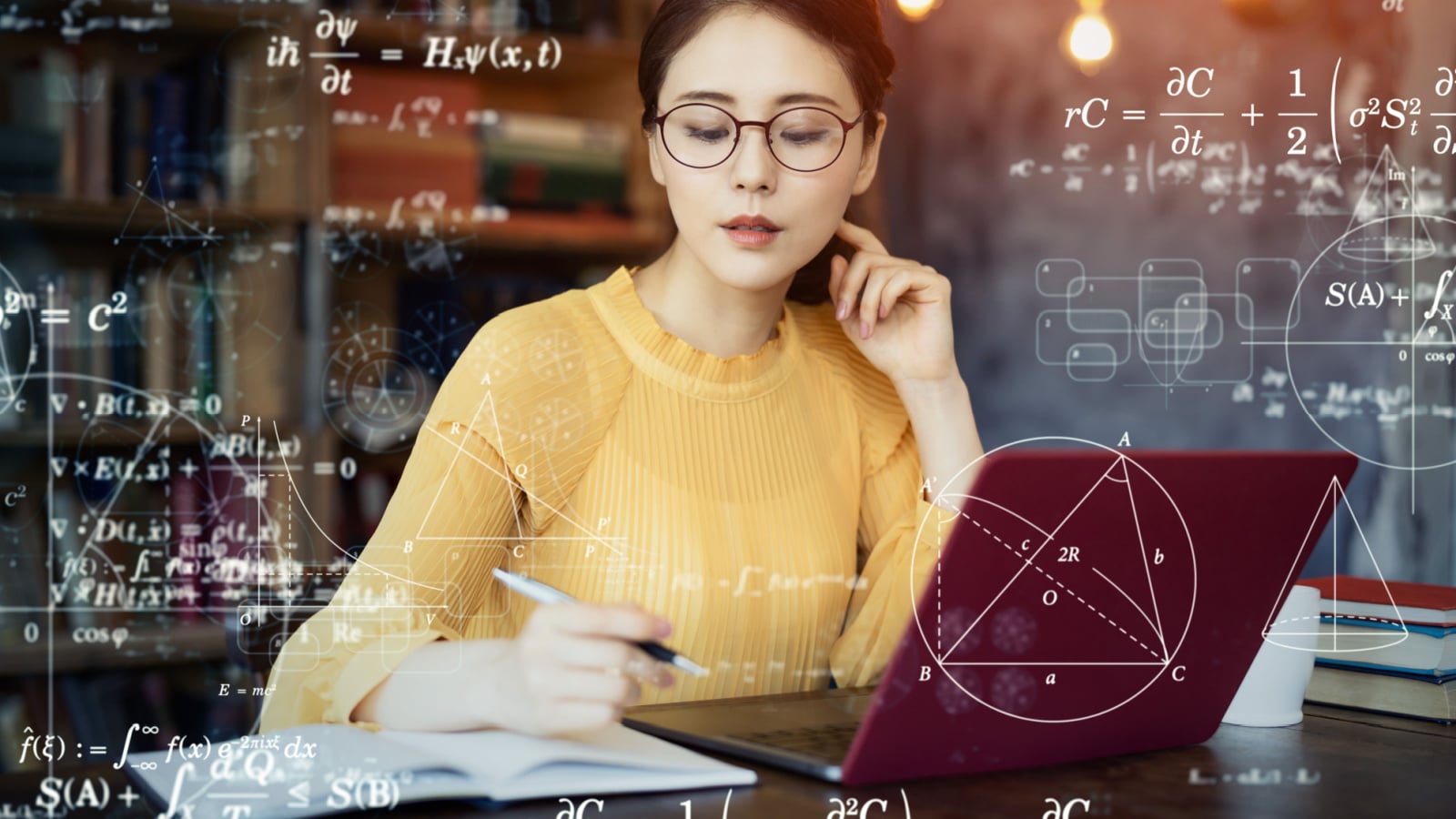 Young asian woman studying in the room. Education concept. Science technology. Mathematics.