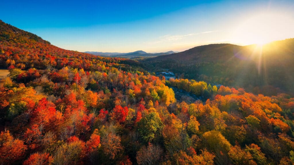 Aerial view of Mountain Forests with Brilliant Fall Colors in Autumn at Sunrise, Adirondacks, New York, New England