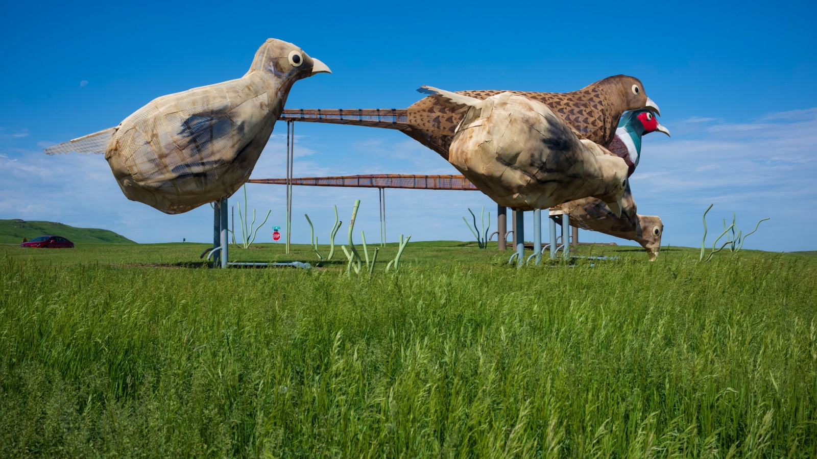 Regent, ND, USA - Jun 19, 2022: Pheasants on the Prairie is 1 of 8 scrap metal sculptures constructed along the 32-mile Enchanted Highway. The collection is considered the world's largest.