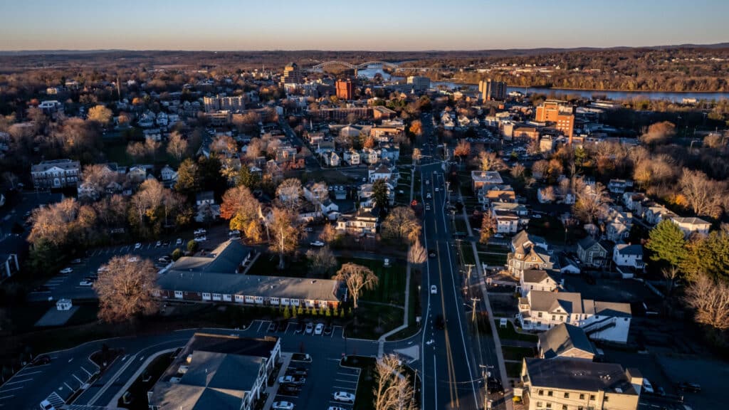 Aerial view of Middletown, Connecticut at sunset in November