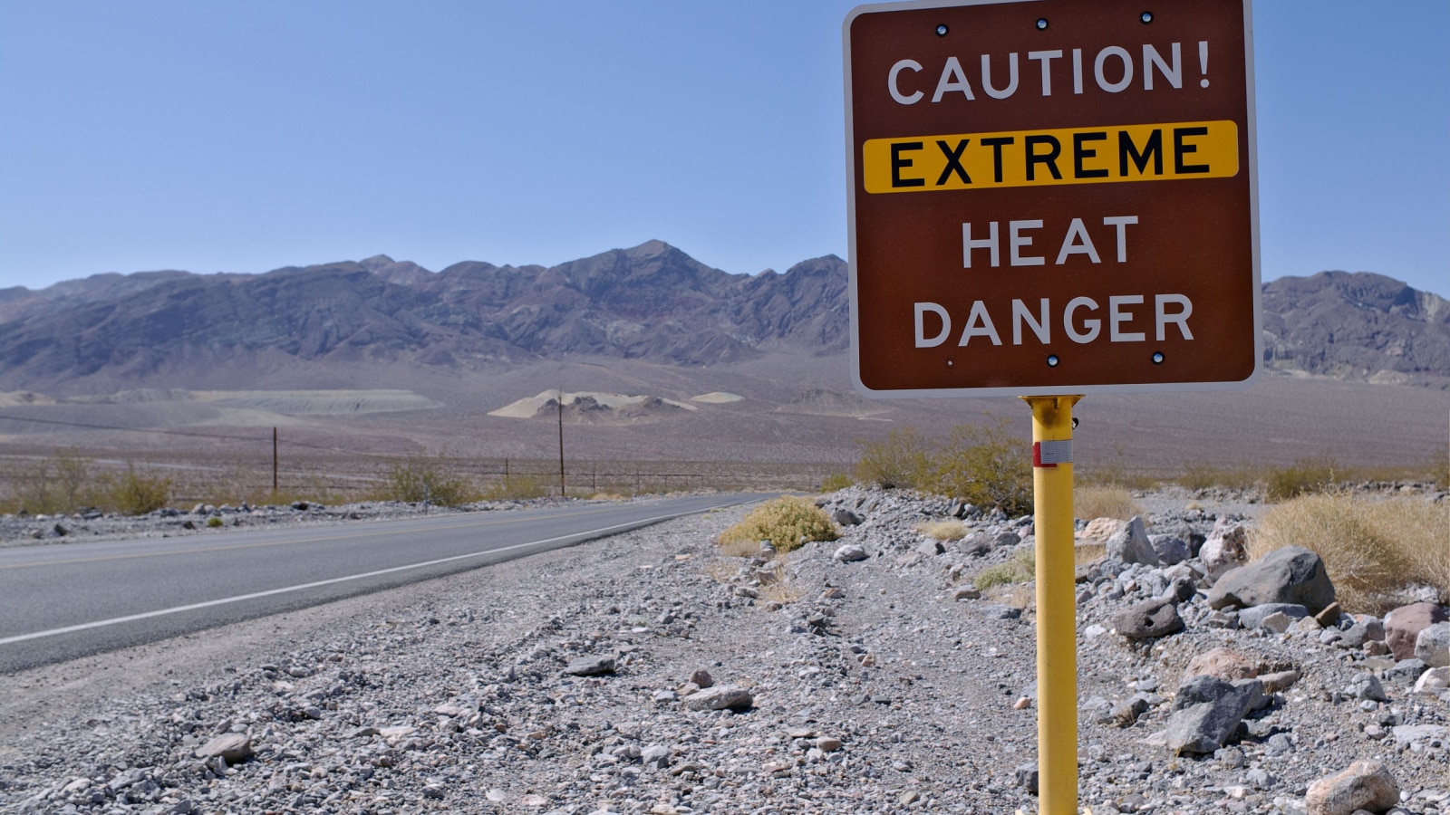 Warning sign in Death Valley National Park, California, USA. Death Valley National Park is known for dangerously high temperatures in summer.