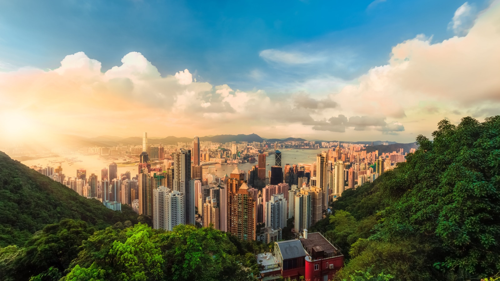 Beautiful sunset over the Victoria bay in Hong Kong, China