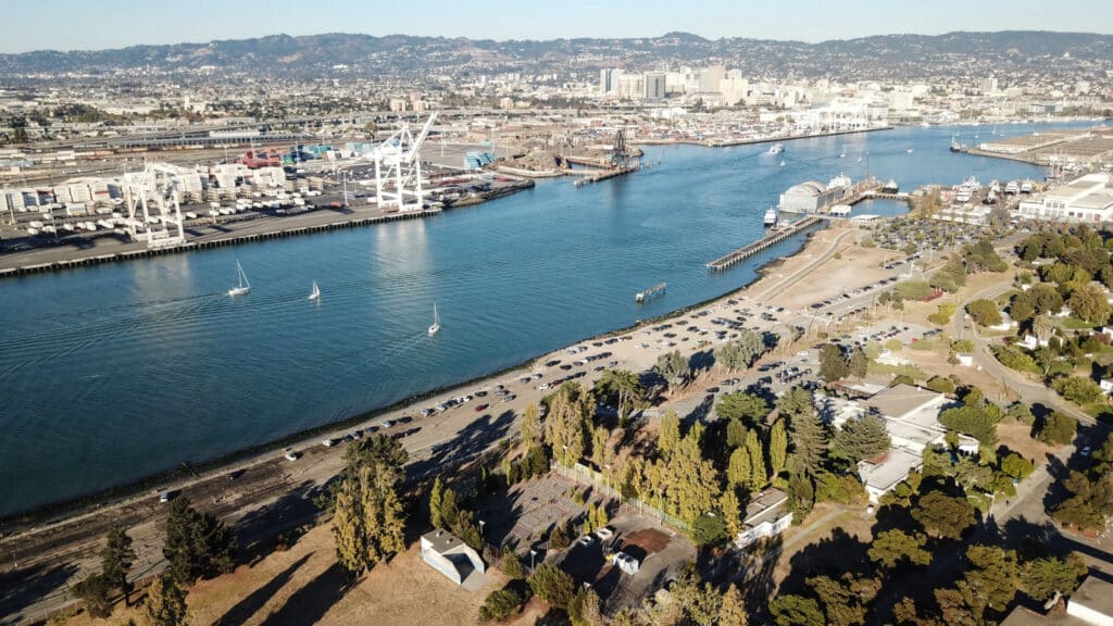 Aerial view of the busy city of Oakland,