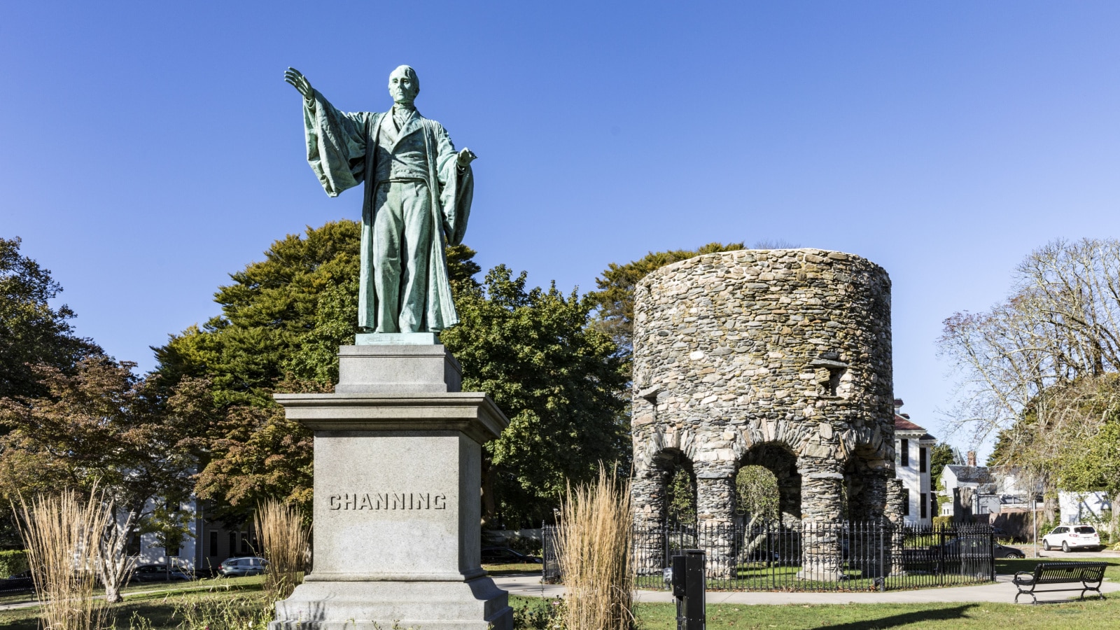 Newport Tower and Channing Statue, Tauro Park, Newport Rhode Island USA. Summer, 2016