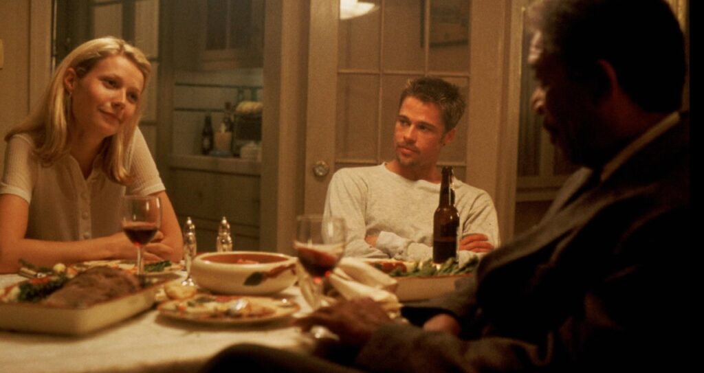 Brad Pitt, Morgan Freeman, and Gwyneth Paltrow in Se7en (1995)