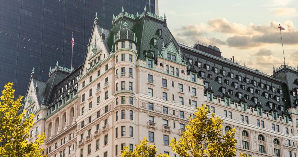 Facade of the Plaza Hotel in New York next to Central Park