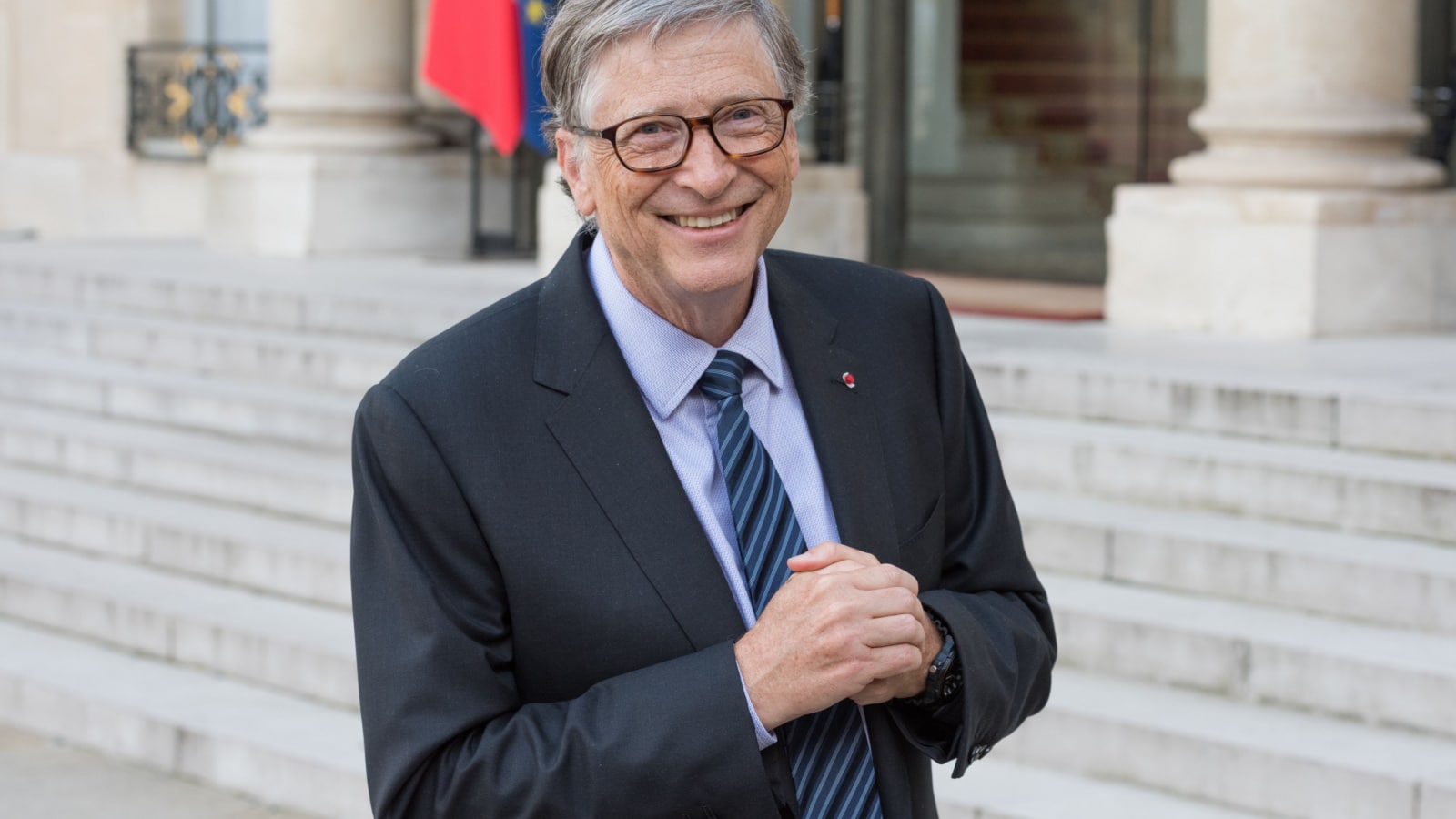 PARIS, FRANCE - APRIL 16, 2018 : Bill Gates at the Elysee Palace to encounter the french president to speak about Bill & Melinda Gates Foundation (BMGF).