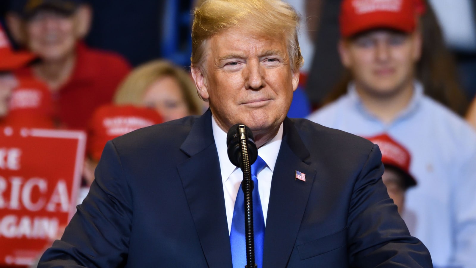 WILKES-BARRE, PA - AUGUST 2, 2018: President Donald Trump portrait of his gazes toward the audience of a campaign rally for Congressman Lou Barletta.