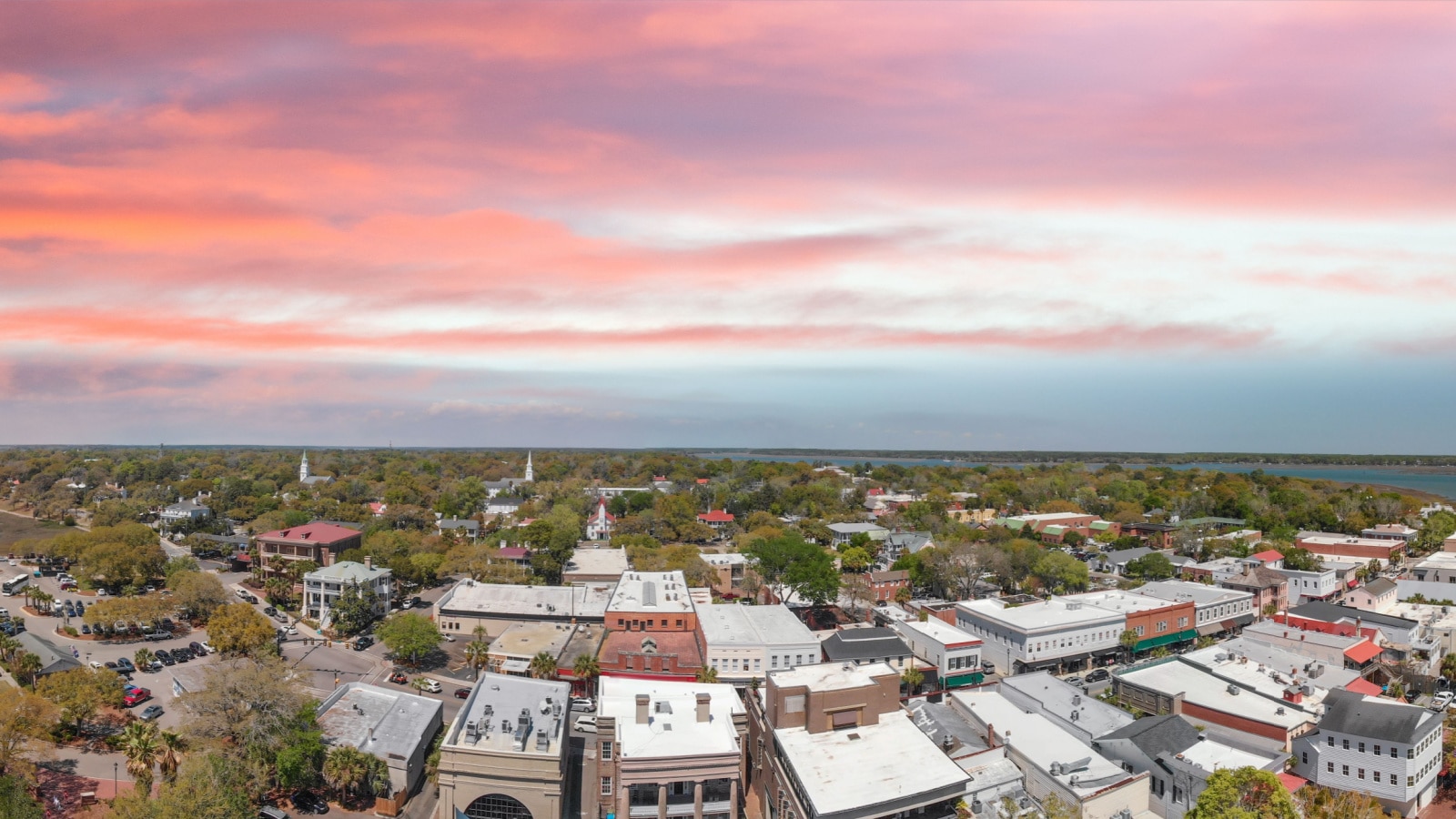 Aerial sunset view of Beaufort, South Carolina. Panoramic picture from drone perspective.