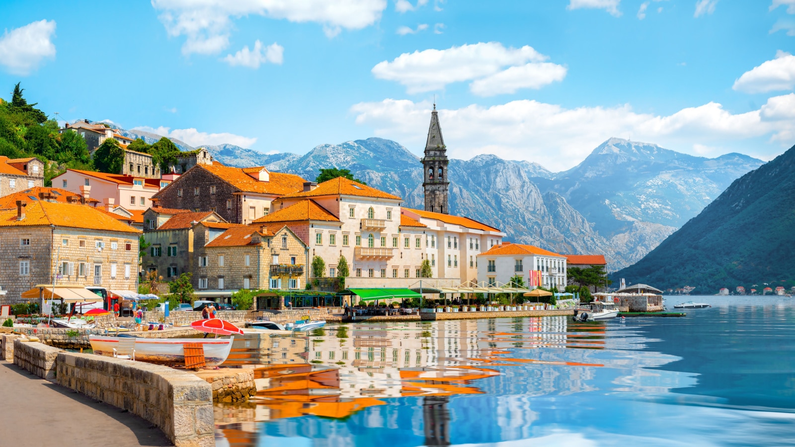 Historic city of Perast at Bay of Kotor in summer, Montenegro