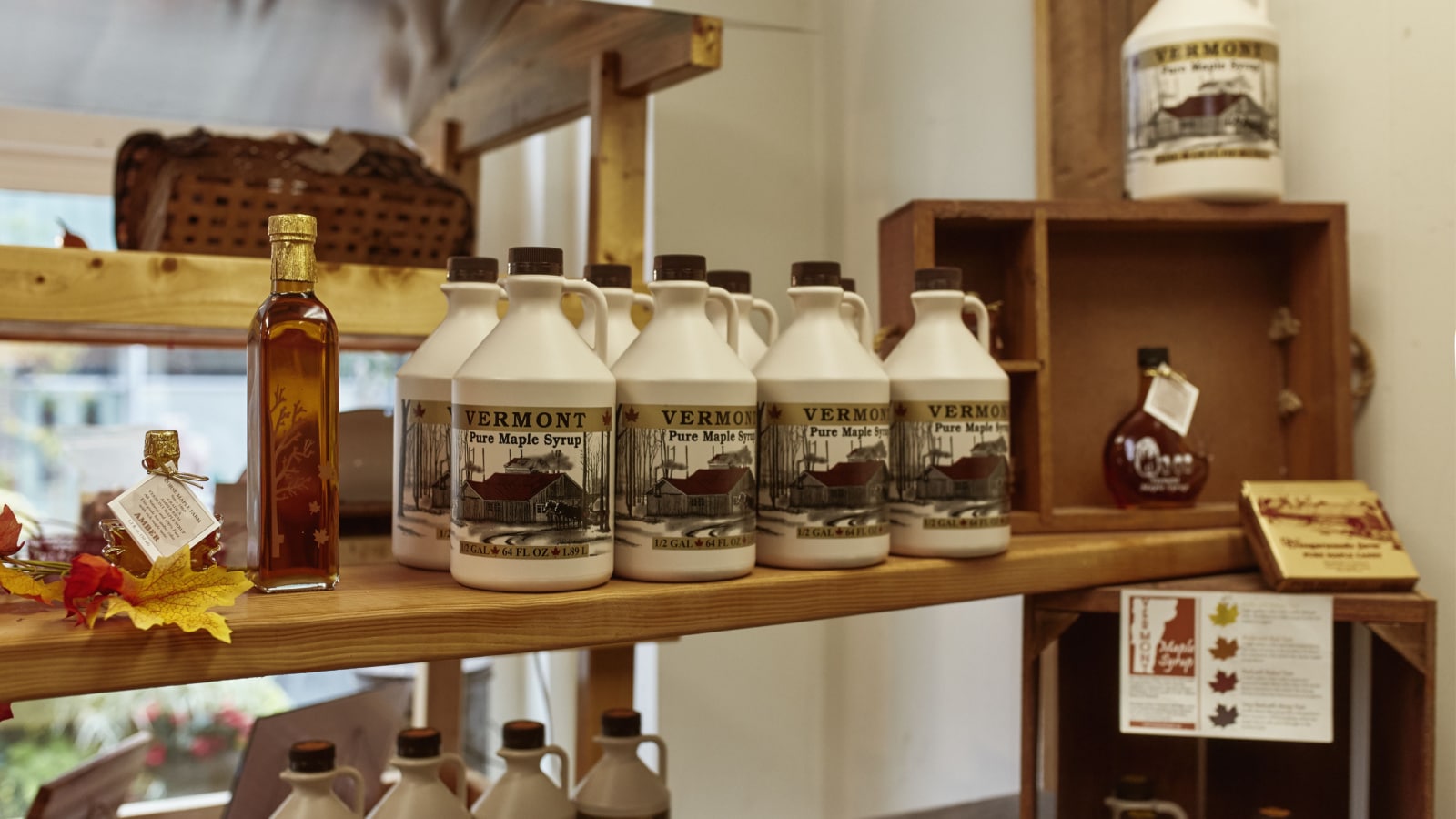 Bennington, Vermont - September 30th, 2019: Variety of New England maple syrup for sale at a general store in Bennington.