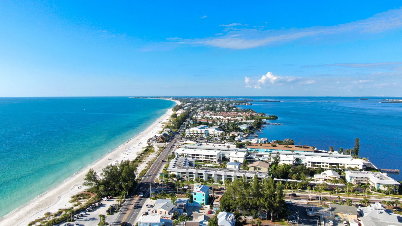 Aerial view of Anna Maria Island town and beaches, barrier island on Florida Gulf Coast. Manatee County. USA