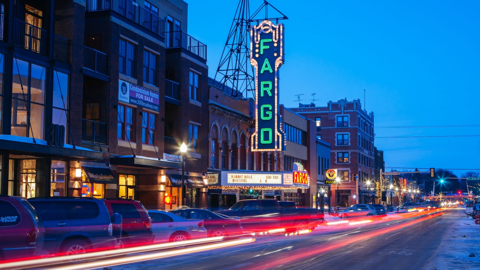 Fargo, USA - March 8 2011: Fargo main st and theater at dusk on a cold spring evening