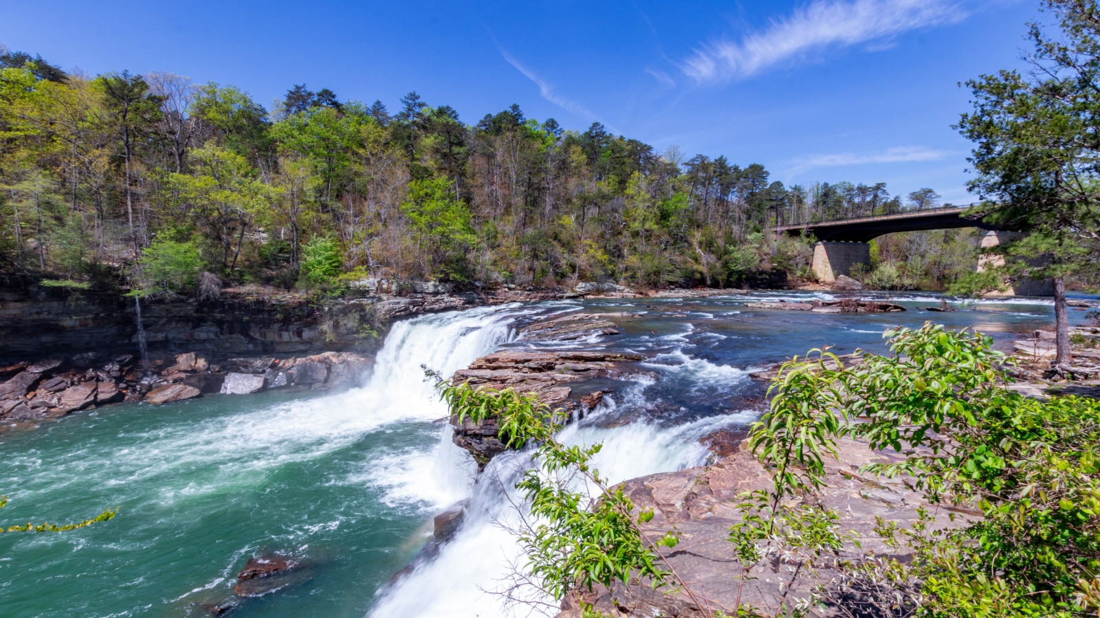 Strong flowing turquoise water after heavy rain at Little falls in Little River Canyon National Preserve