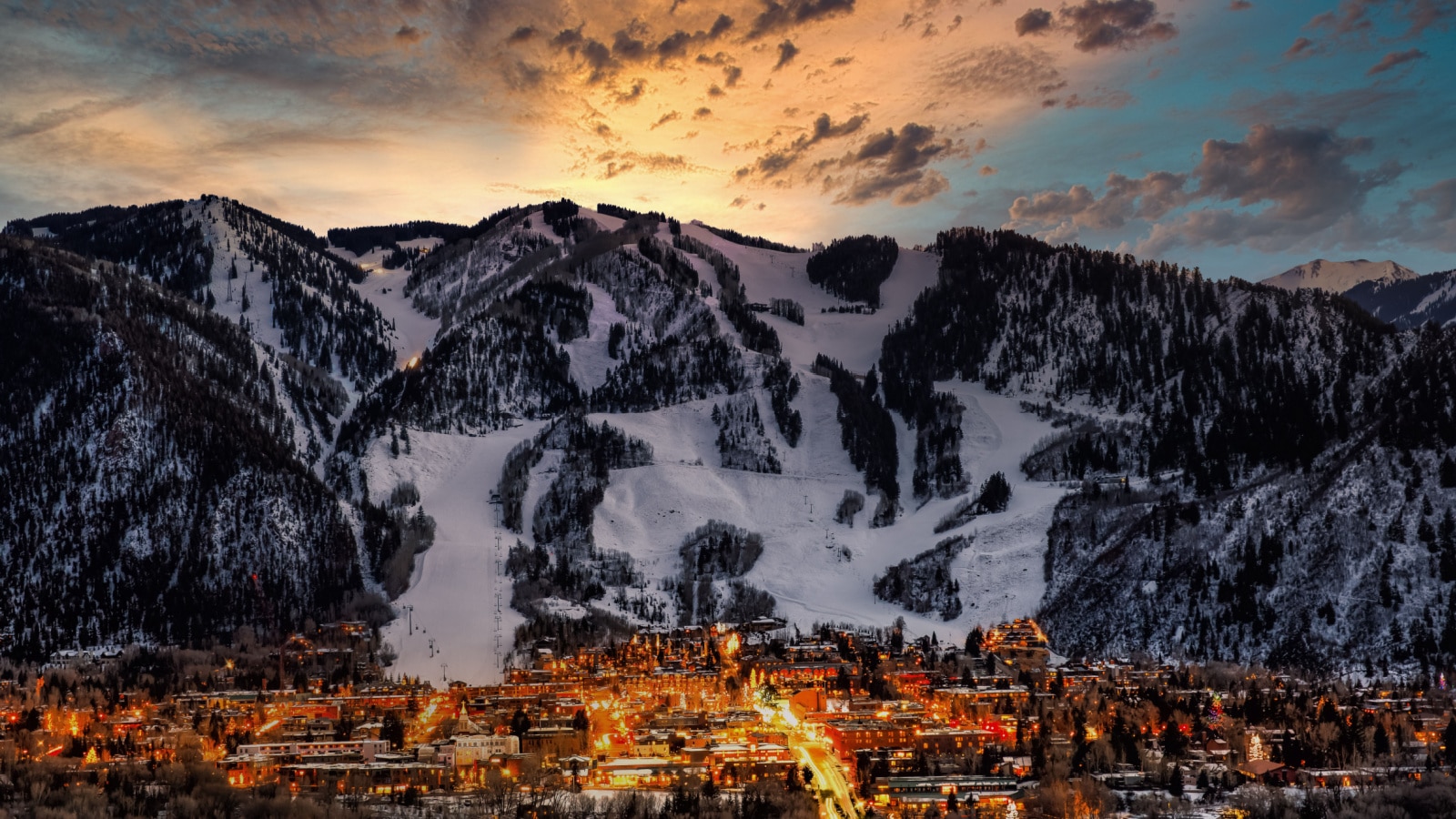 Aspen city skyline with dramatic sunset