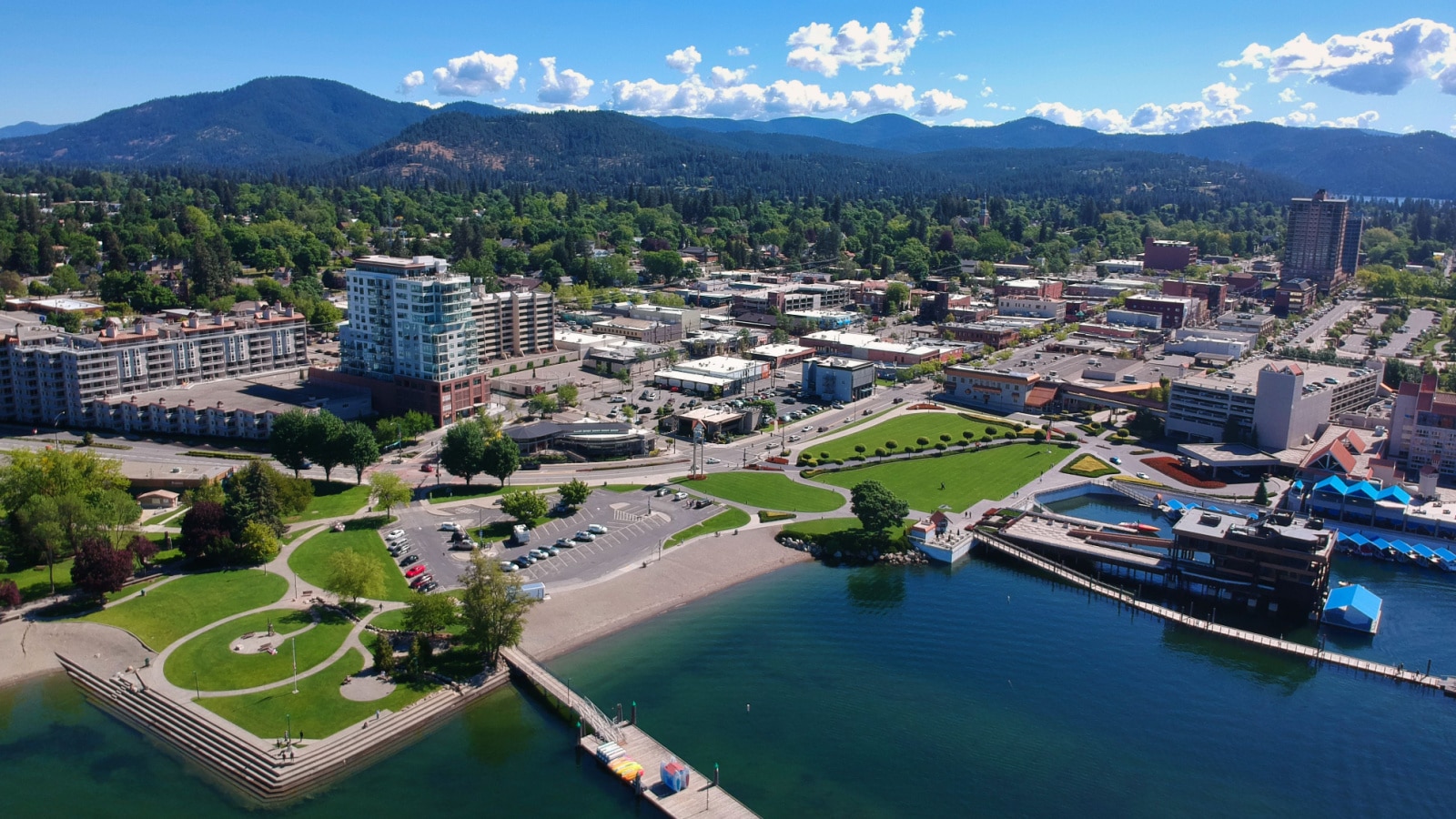 An Aerial View of Coeur d'Alene, Idaho from over Lake Coeur d'Alene