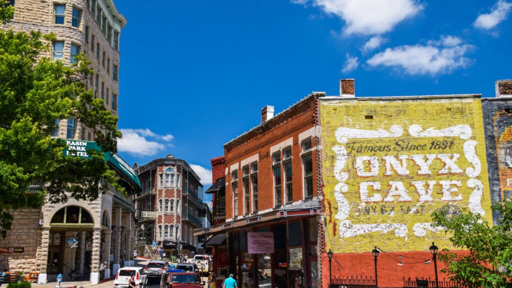 Eureka Springs, Arkansas, USA - July 5, 2021: Historic downtown Eureka Springs, AR, with boutique shops and famous buildings.