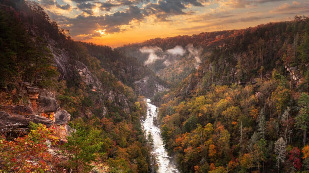 Tallulah Falls, Georgia, USA overlooking Tallulah Gorge in the autumn season.