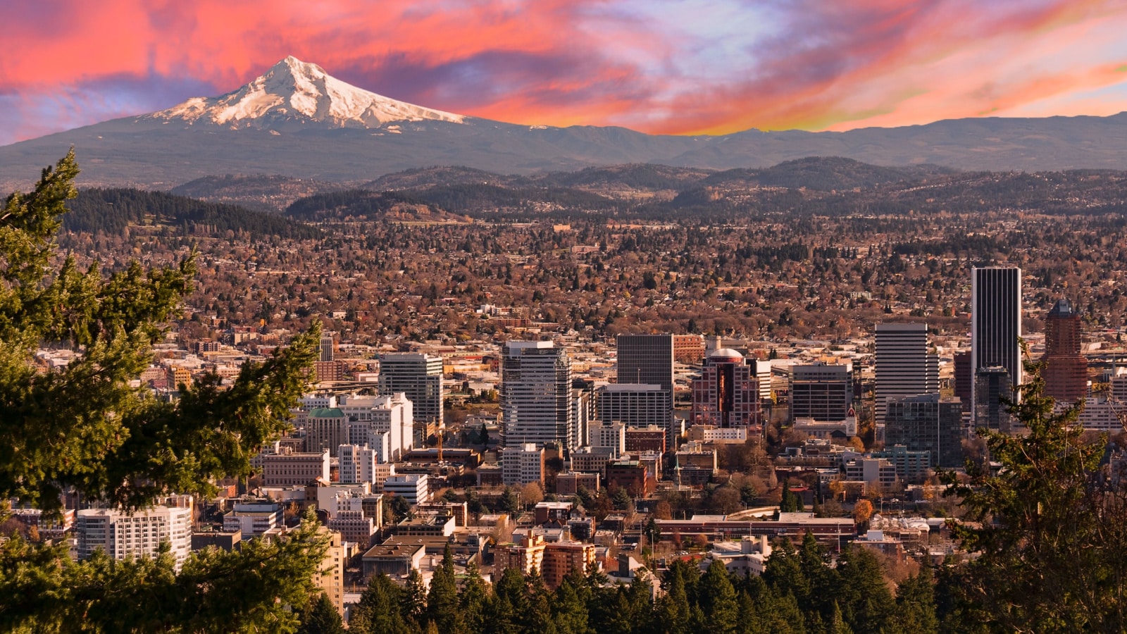 Sunrise View of Portland, Oregon from Pittock Mansion.