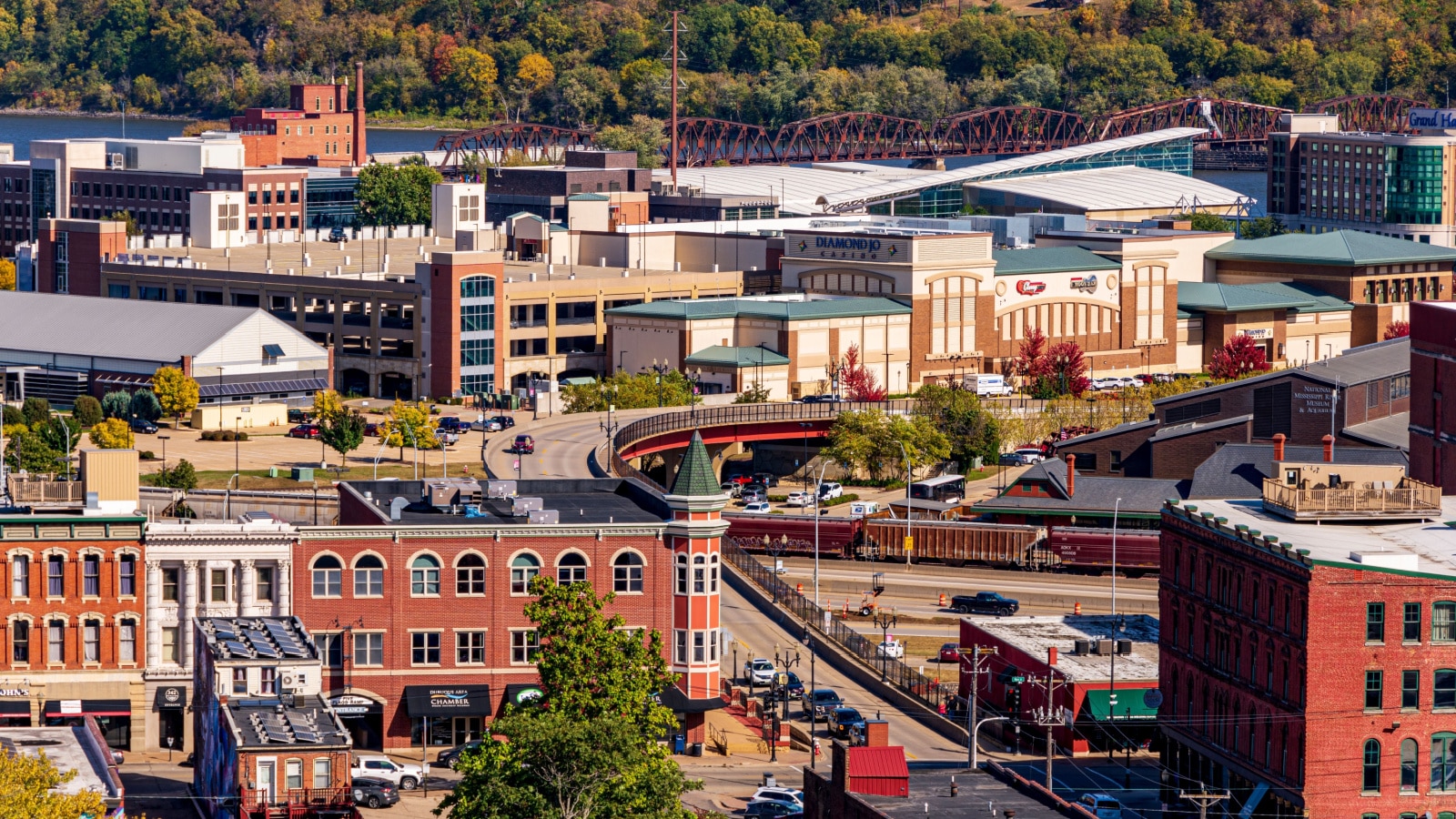 Dubuque, IA, United States - October 8, 2022: Historical buildings in downtown Dubuque, Iowa.