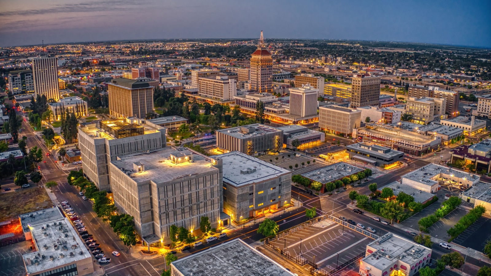 Aerial View of the Fresno, California Skyline at Dusk