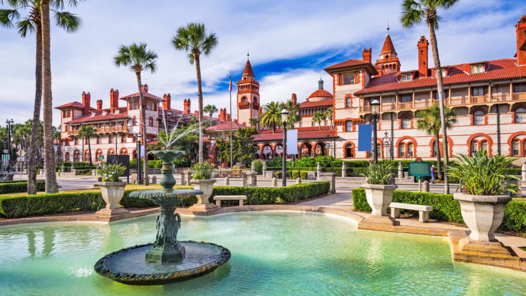 St. Augustine, Florida, USA town square and fountain.