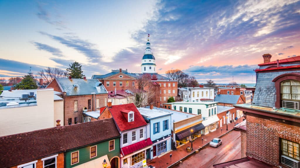 Annapolis, Maryland, USA downtown view over Main Street with the State House.