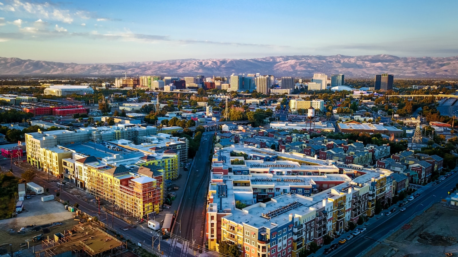 Drone photo of sunset over downtown San Jose in California