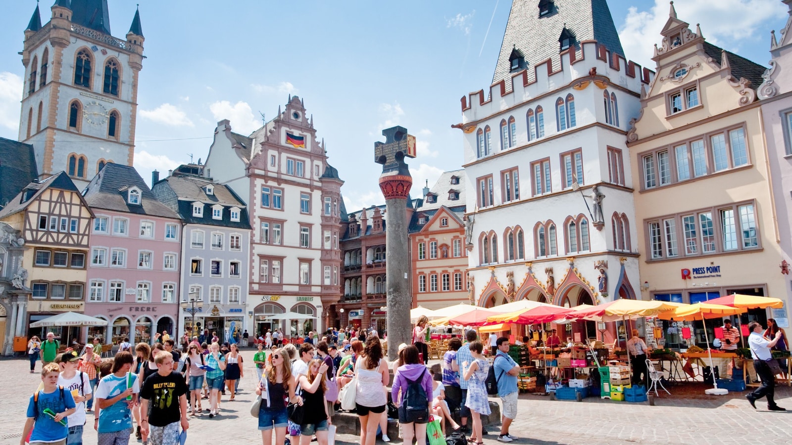 TRIER, GERMANY- JUNE 28: medieval Market cross on central square. Archbishop Henry I equipped the cross in 958 on main town market, in Trier, Germany, on June 28, 2010