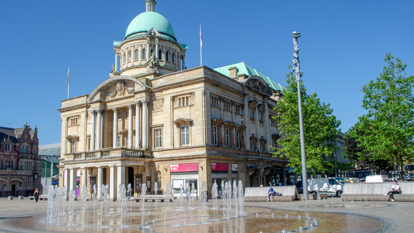 Hull Yorkshire UK - 27 June 2018: Hull City Hall with fountain in Foreground