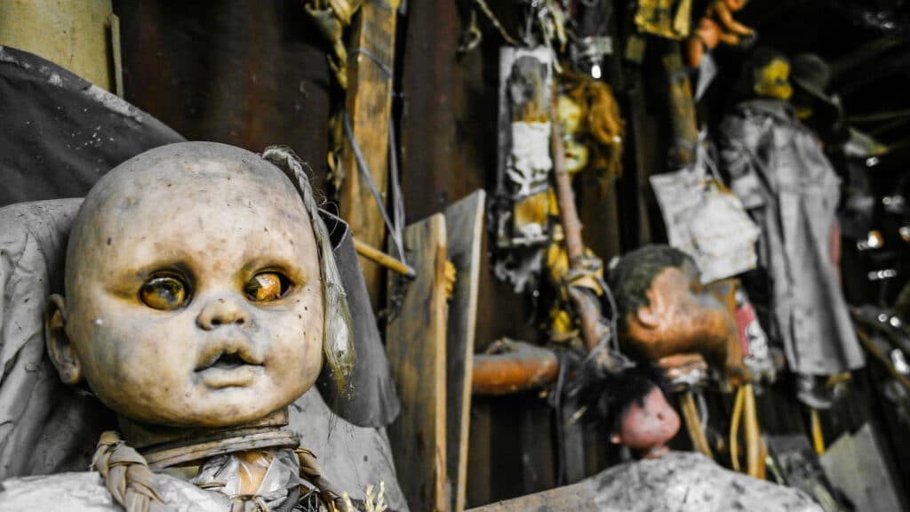 Creepy old dolls in the abandoned Island of the Dolls, Xochimilco, southern Mexico City