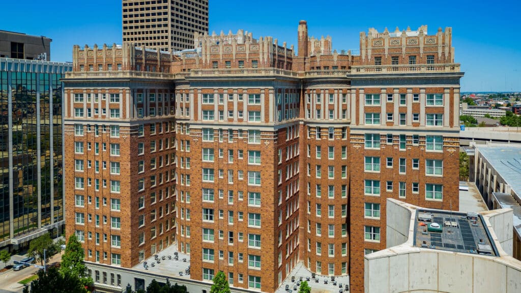 Oklahoma, AUG 16 2023 - Aerial view of The Skirvin Hilton Oklahoma City