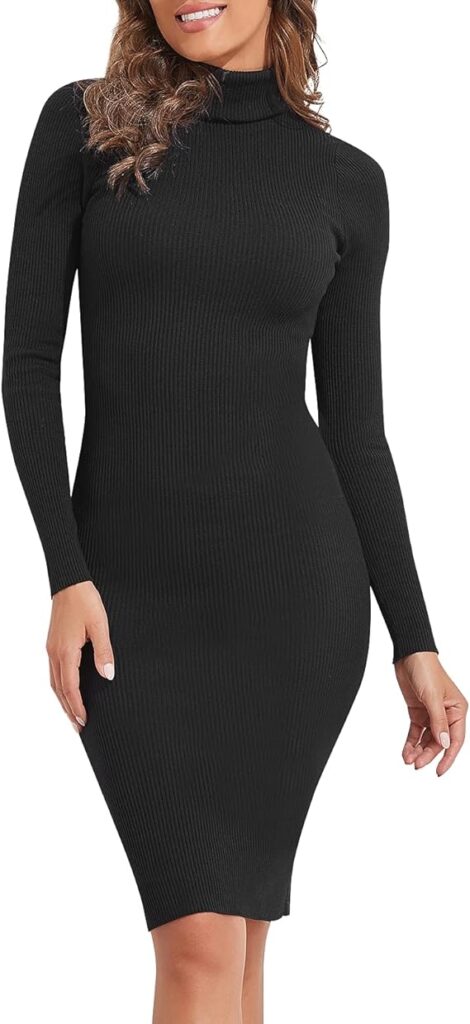 PrettyGuide Women's Turtleneck Sweater Dress Long Sleeve Ribbed Knit Stretch Midi Bodycon Dresses