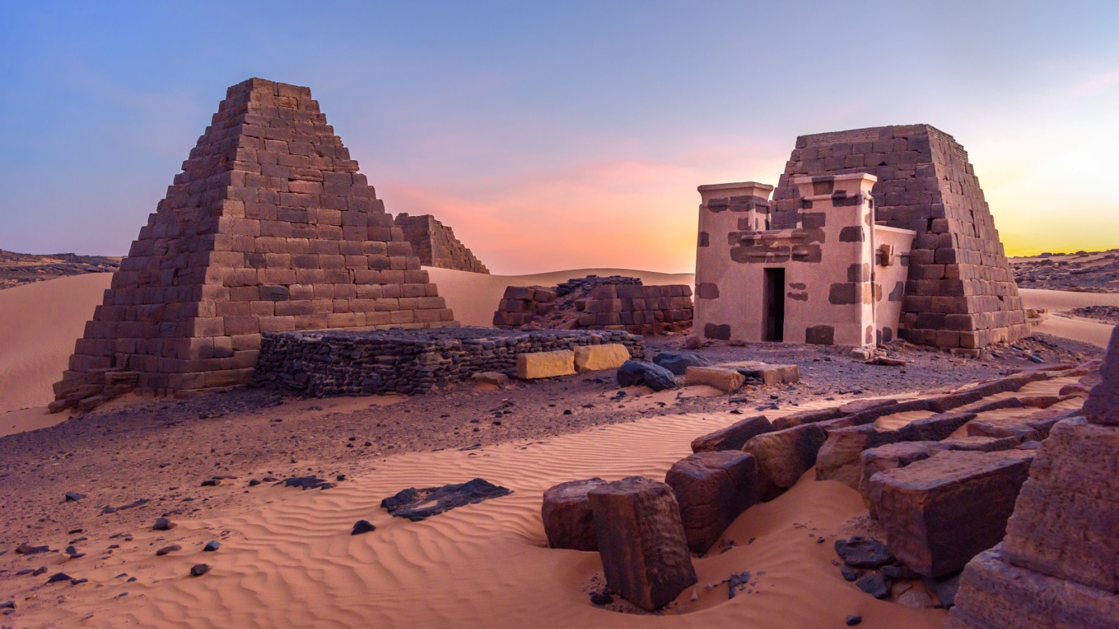 Pyramids of Meroe, Sudan. Meroë is an ancient desert pyramid city, east bank of the Nile near Shendi, Sudan, approximately 200 km north-east of Khartoum in the desert