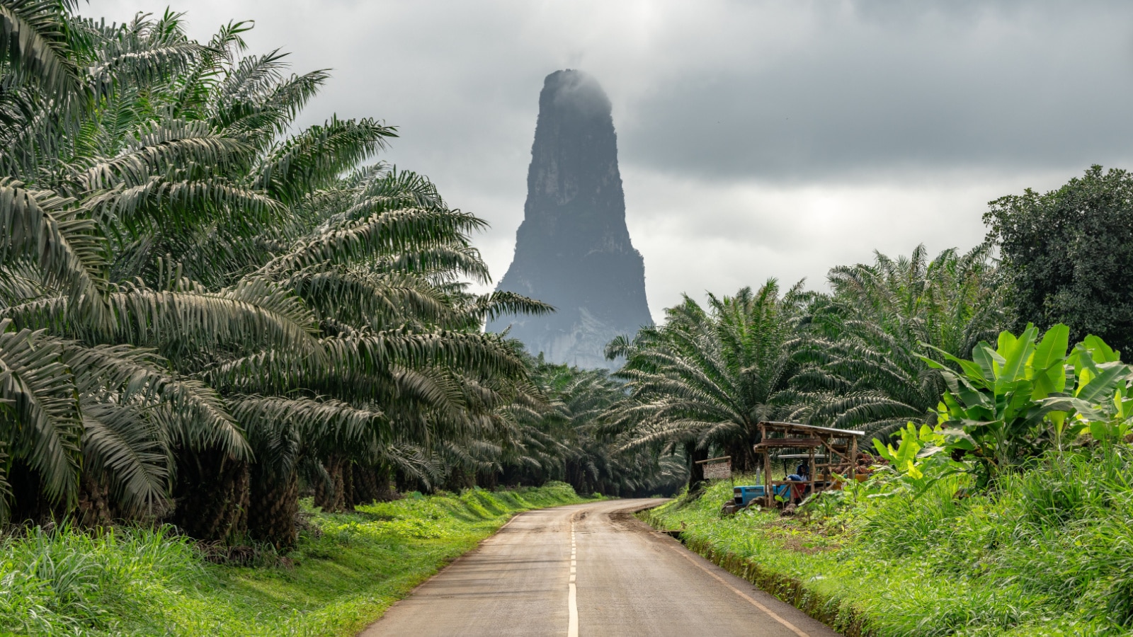 Pico Cão Grande in Sao Tome and Principe, nature landscape. Travel to Sao Tome and Principe. Beautiful paradise island in Gulf of Guinea. Former colony of Portugal.